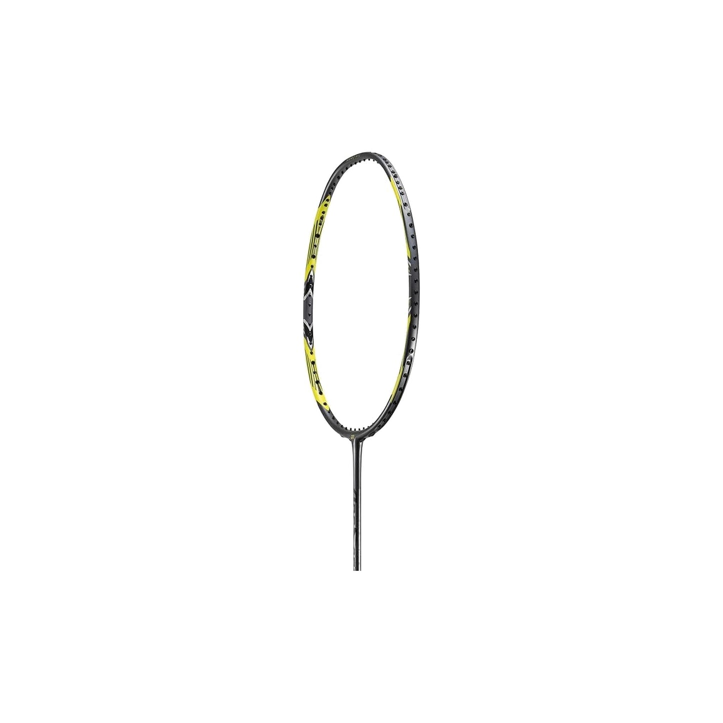 Close-up of the unstrung Yonex Arcsaber 7 Play badminton racquet head showing the grey-and-yellow isometric frame