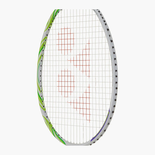 Close-up of the Yonex Astrox 100 Game VA badminton racquet head with red Yonex logo, white-and-green frame and isometric string bed