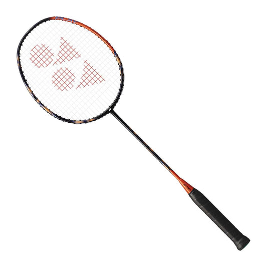Yonex Astrox 77 Play badminton racquet head detail with "Play" branding on the orange frame and isometric string bed