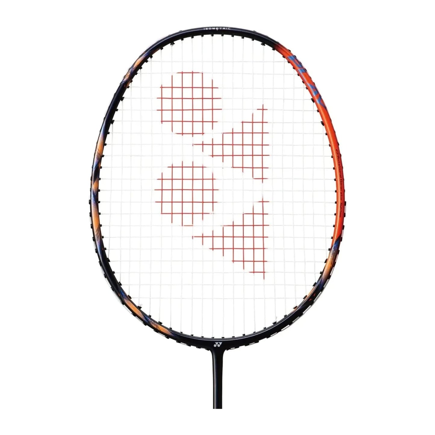 Close-up of the Yonex Astrox 77 Play badminton racquet head showing red Yonex logo, string bed and orange-and-navy frame graphics