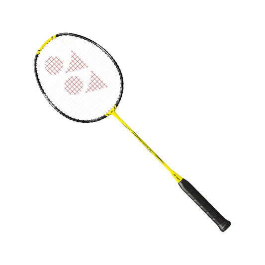 Yonex Nanoflare 1000 Play badminton racquet at an angle — yellow shaft with black head, speed series frame for fast swing and net play