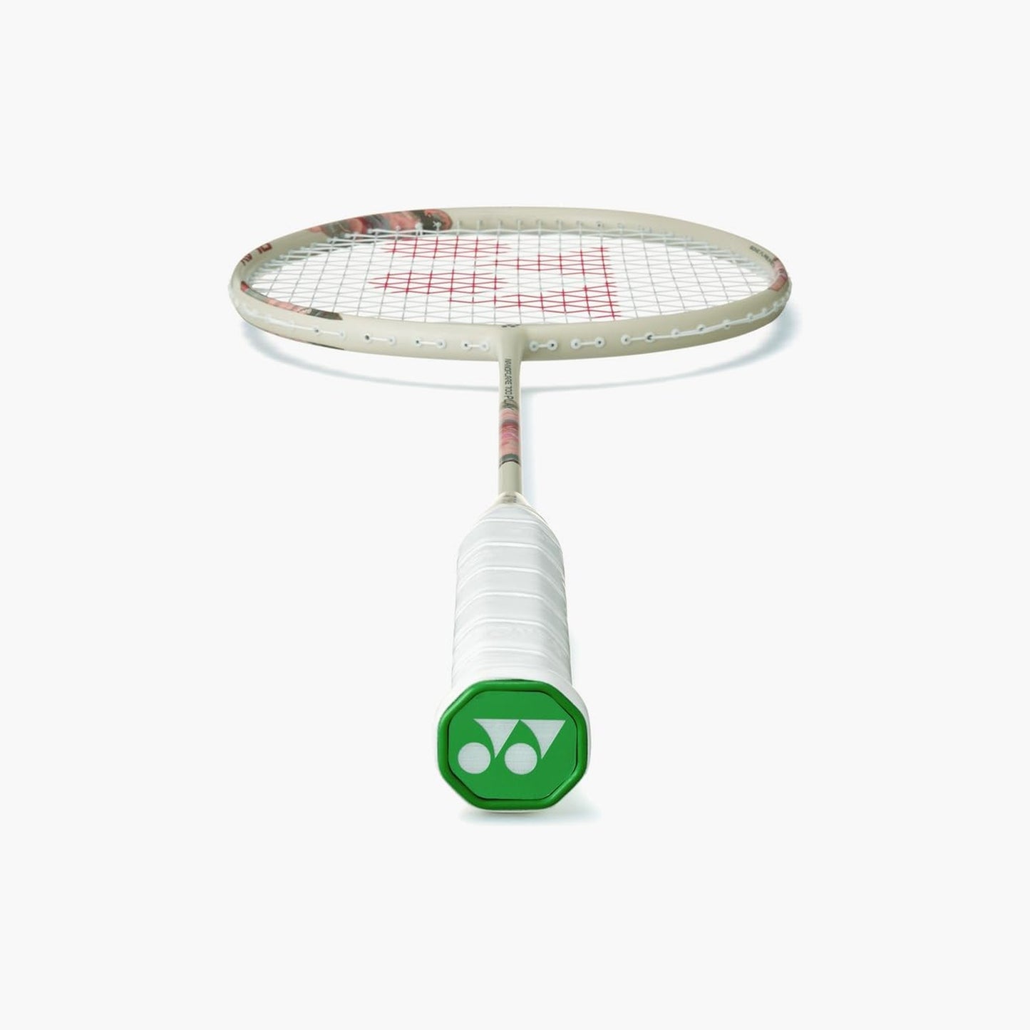 Close-up of the Yonex Nanoflare 700 Play badminton racquet shaft showing model branding and floral graphic on a cream finish