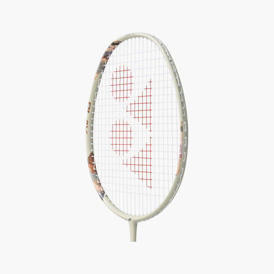 Close-up of the Yonex Nanoflare 700 Play badminton racquet head with red Yonex logo, cream silver and isometric string bed