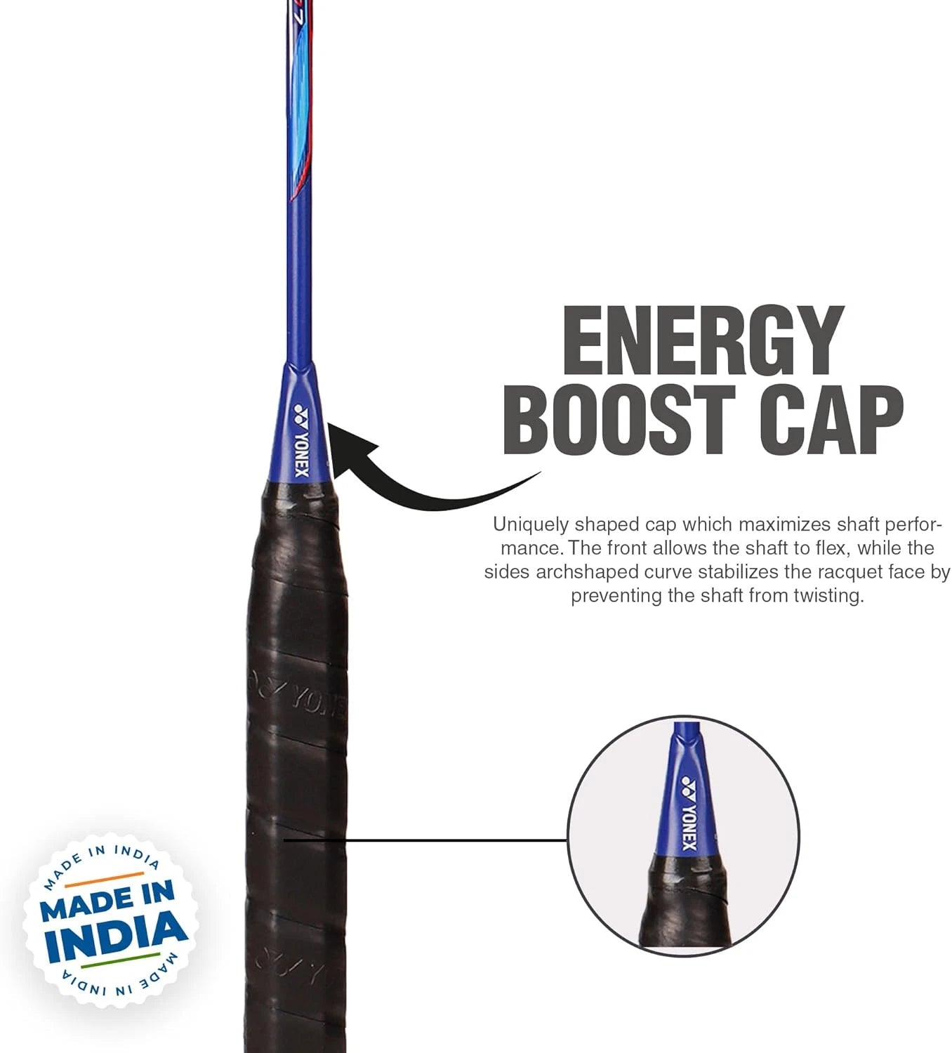 Close-up of Yonex Nanoflare Speed 7 blue badminton racquet handle grip with textured wrap for enhanced comfort and control