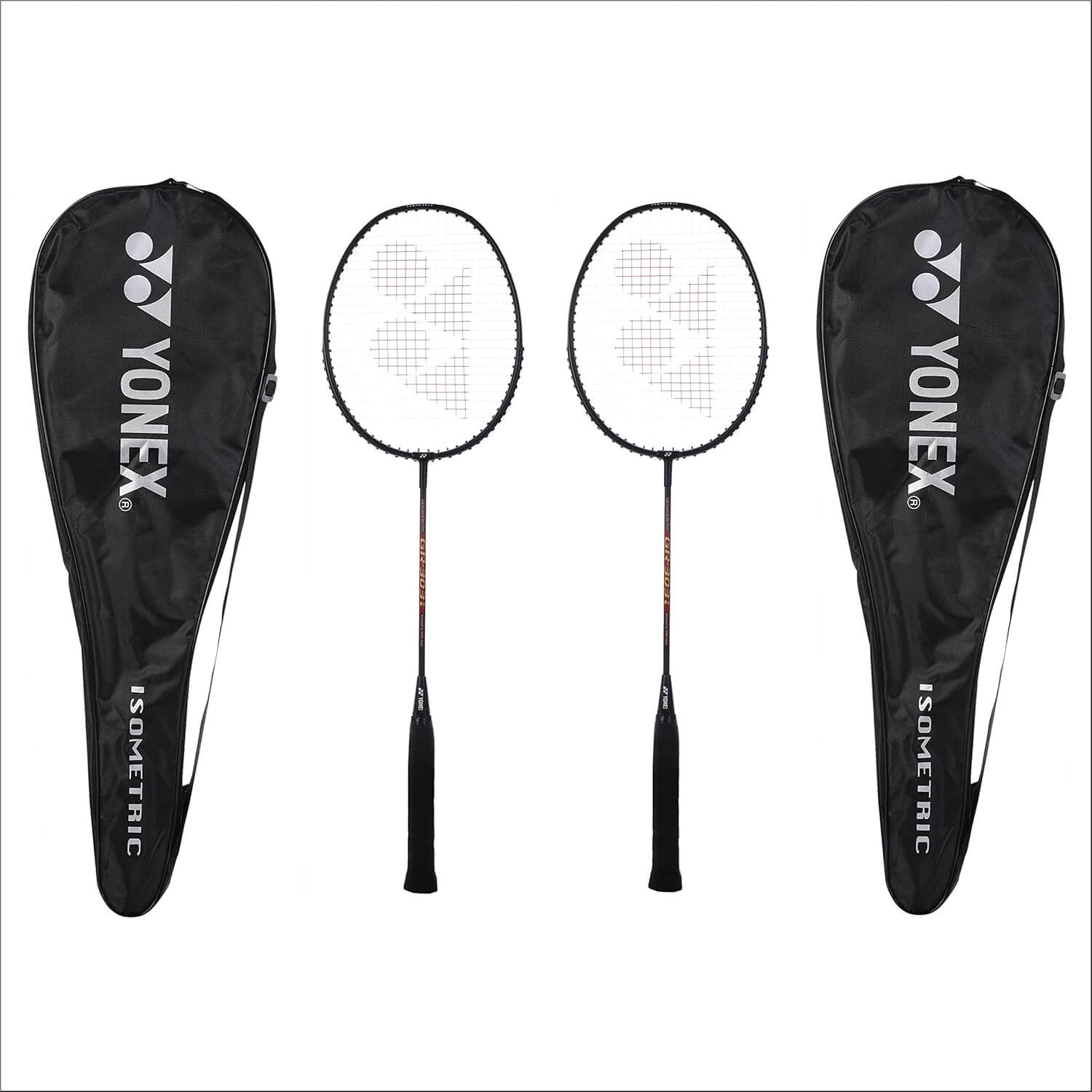 Yonex GR 303i badminton racquet set of 2 — Black colourway, aluminium frame, full-size isometric head, pre-strung and ready to play