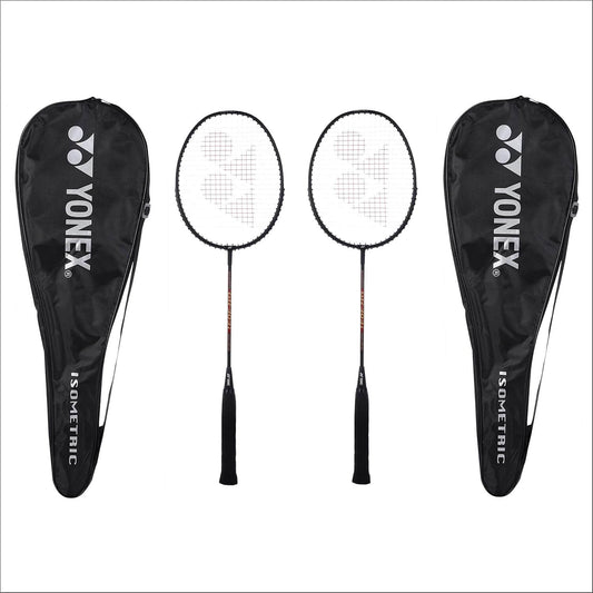 Yonex GR 303i badminton racquet set of 2 — Black colourway, aluminium frame, full-size isometric head, pre-strung and ready to play