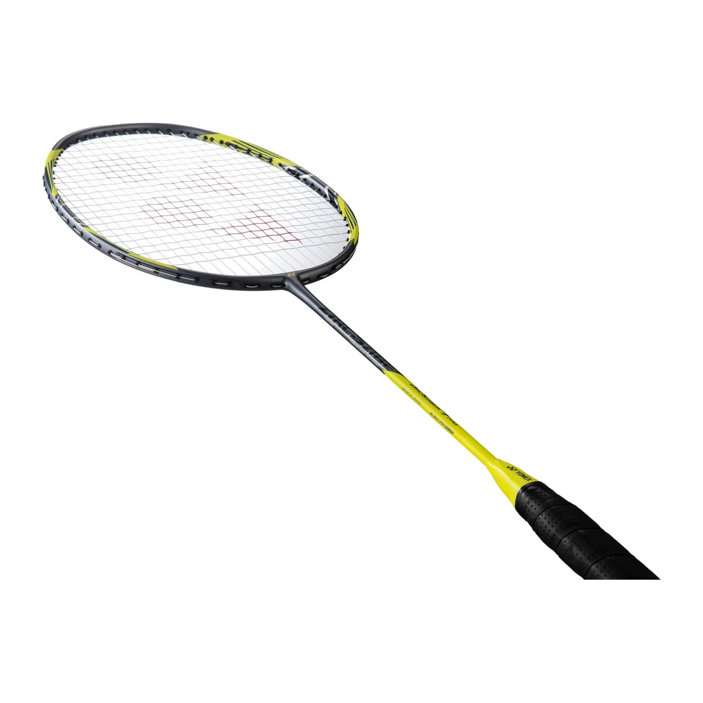 Angled view of the Yonex Arcsaber 7 Play badminton racquet showing grey frame, yellow shaft accents and black grip