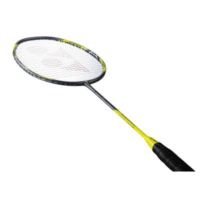 Angled view of the Yonex Arcsaber 7 Play badminton racquet showing grey frame, yellow shaft accents and black grip