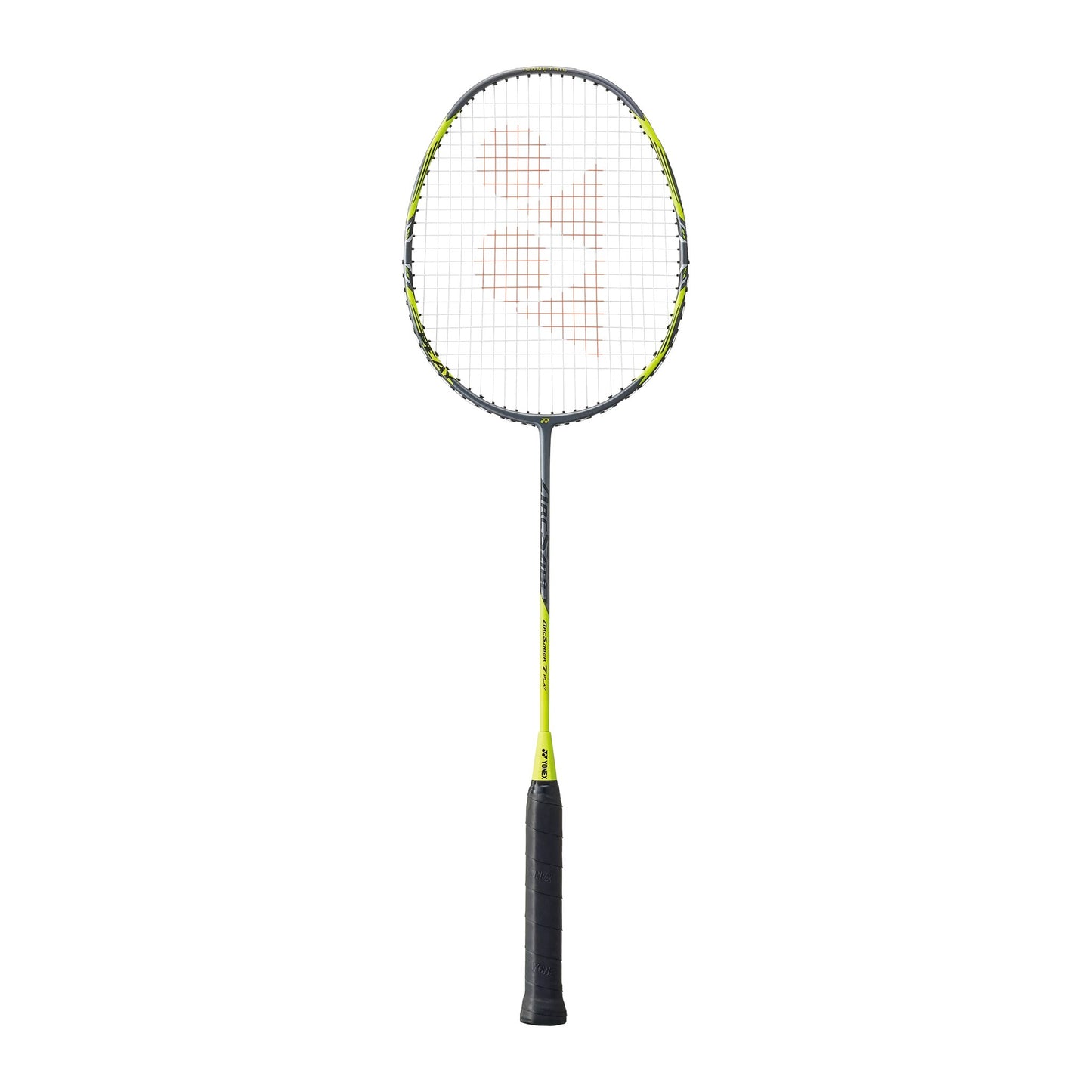 Yonex Arcsaber 7 Play badminton racquet in grey and yellow — full front view showing isometric head, graphite frame and black grip