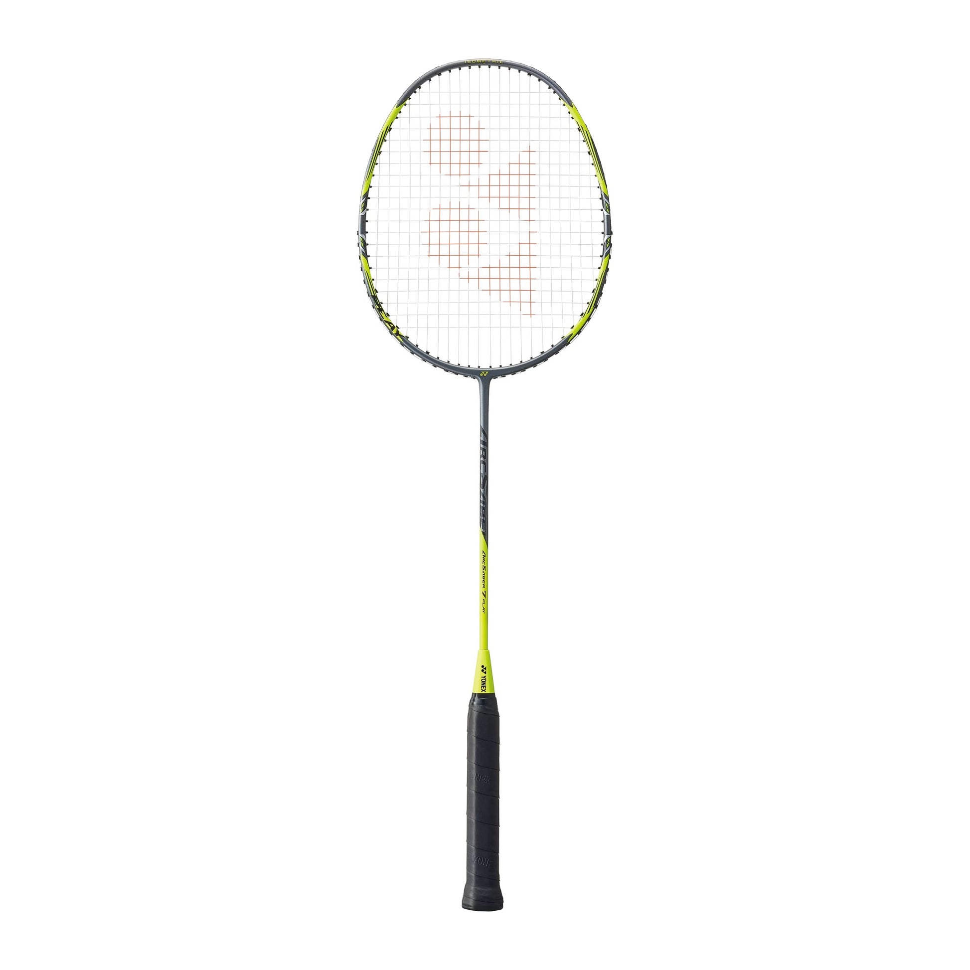 Yonex Arcsaber 7 Play badminton racquet in grey and yellow — full front view showing isometric head, graphite frame and black grip