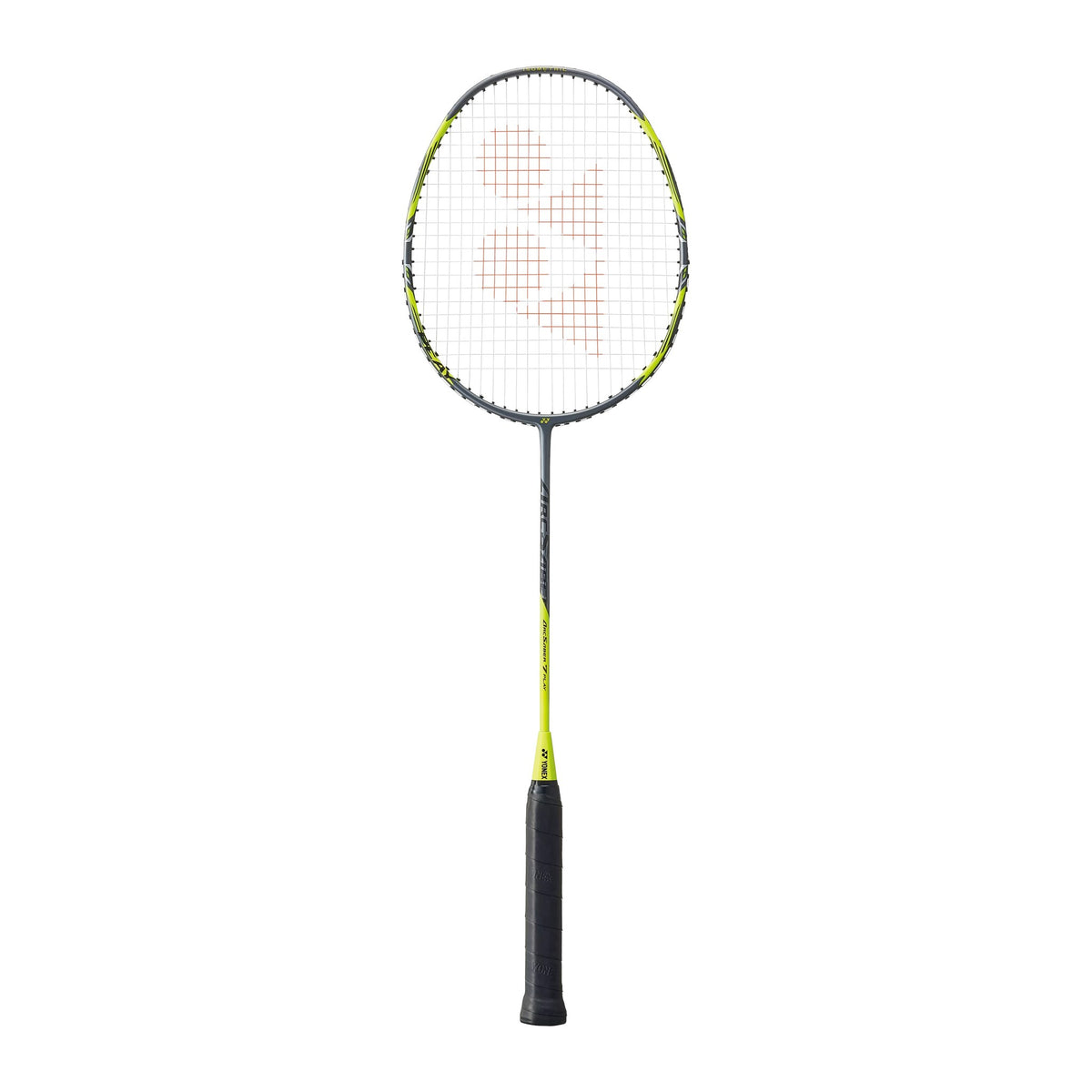 Yonex Arcsaber 7 Play badminton racquet in grey and yellow — full front view showing isometric head, graphite frame and black grip
