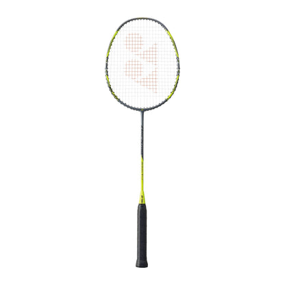 Yonex Arcsaber 7 Play badminton racquet in grey and yellow — full front view showing isometric head, graphite frame and black grip