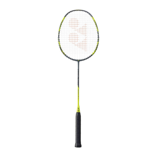 Yonex Arcsaber 7 Play badminton racquet in grey and yellow — full front view showing isometric head, graphite frame and black grip