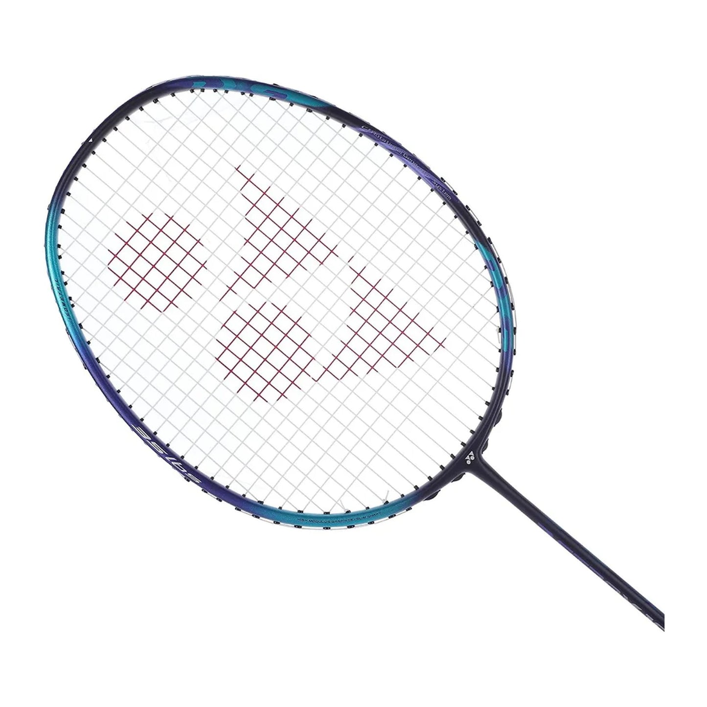 Close-up of the Yonex Astrox Attack 10 DG badminton racquet head with red Yonex logo, navy blue frame and isometric string bed
