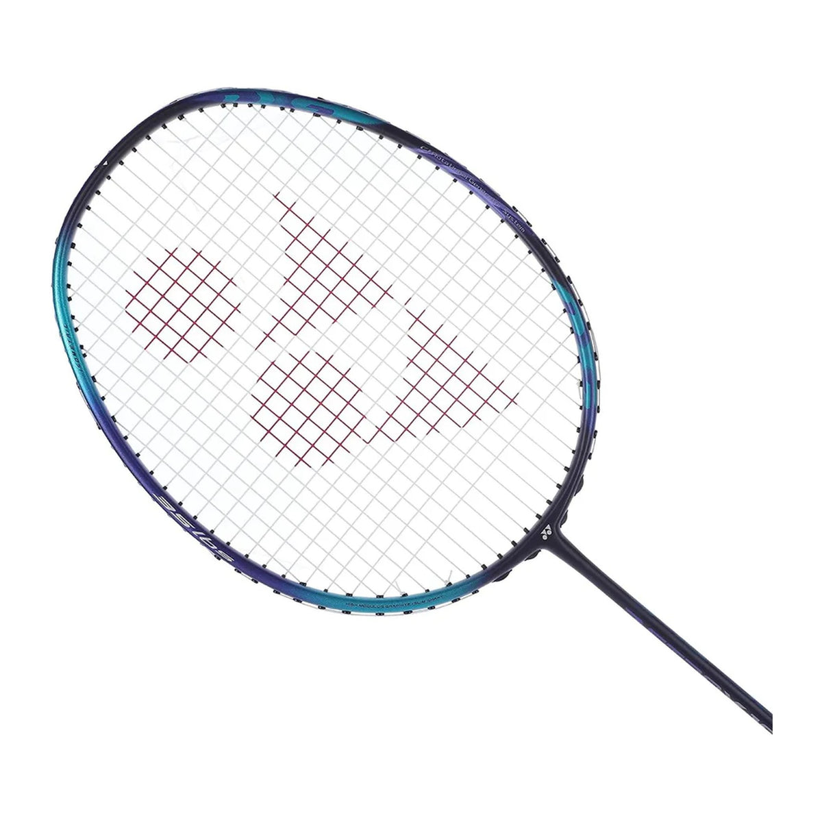 Close-up of the Yonex Astrox Attack 10 DG badminton racquet head with red Yonex logo, navy blue frame and isometric string bed