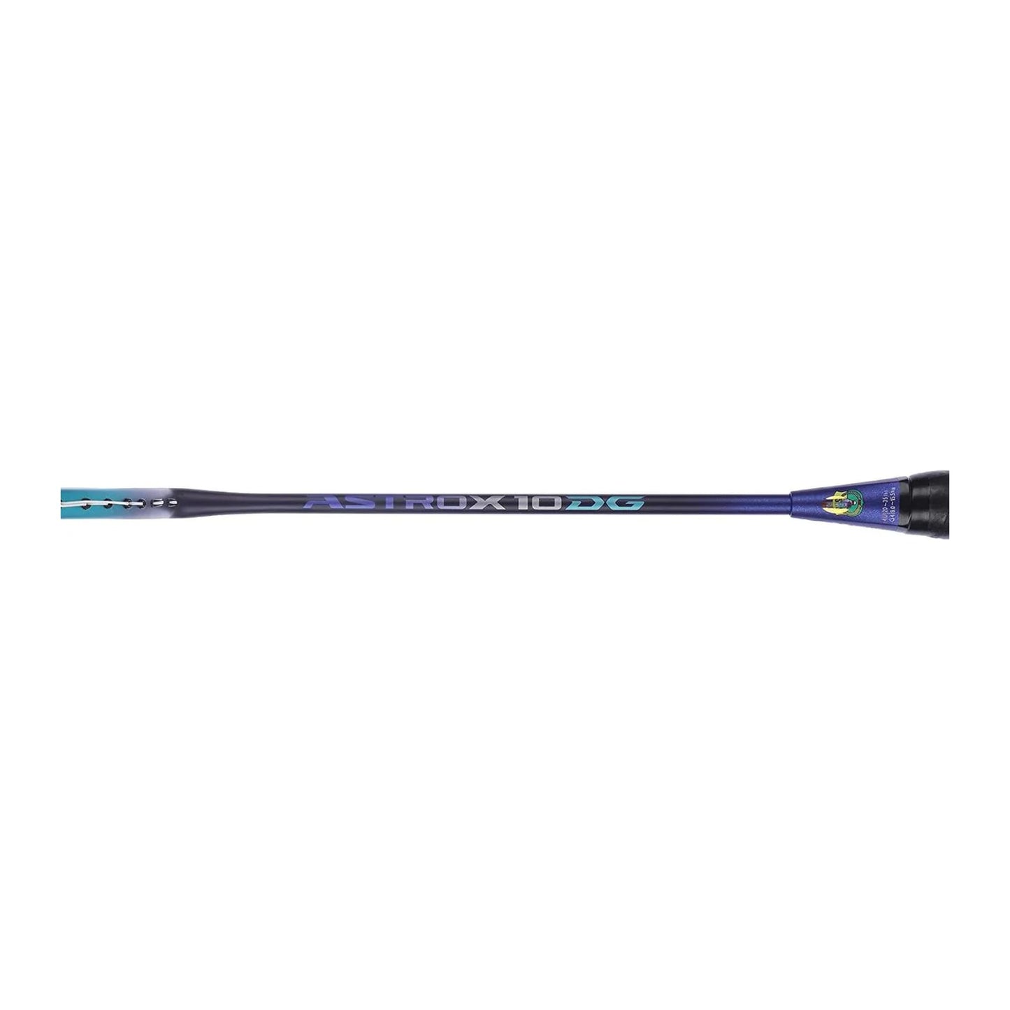 Close-up of the Yonex Astrox Attack 10 DG badminton racquet shaft showing "Astrox 10 DG" branding on a navy blue finish