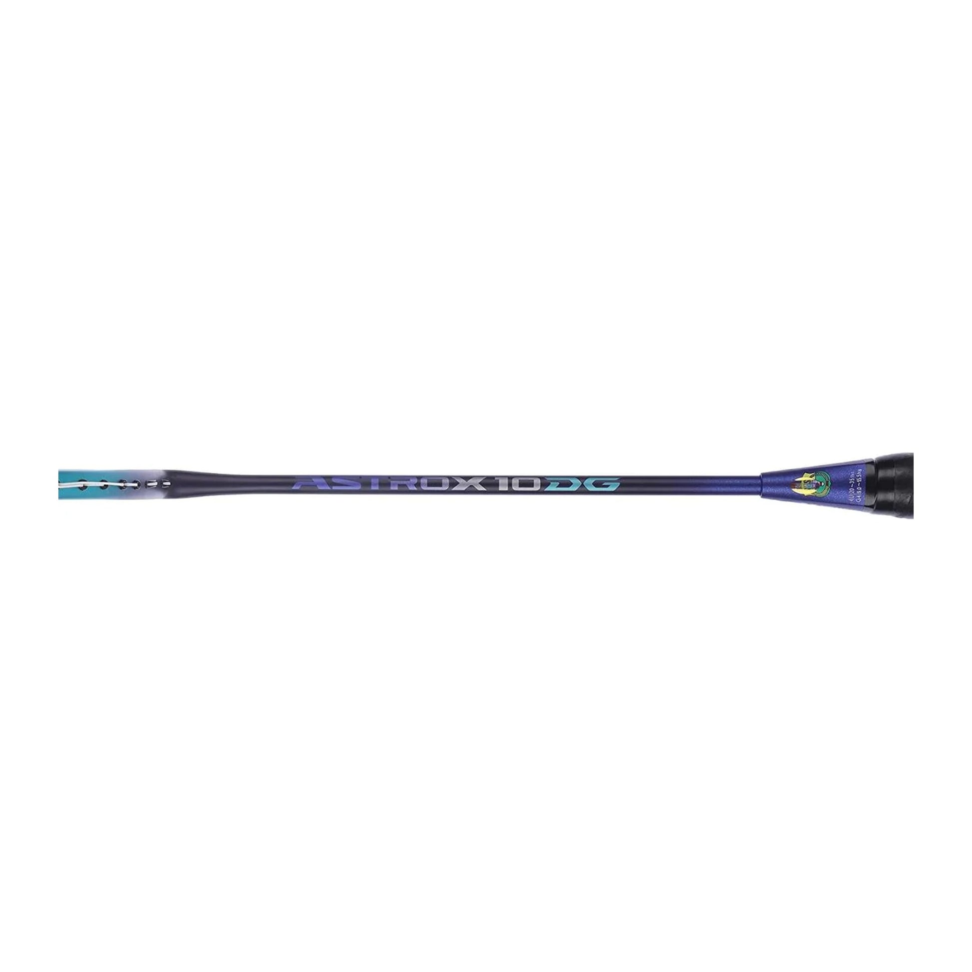 Close-up of the Yonex Astrox Attack 10 DG badminton racquet shaft showing "Astrox 10 DG" branding on a navy blue finish