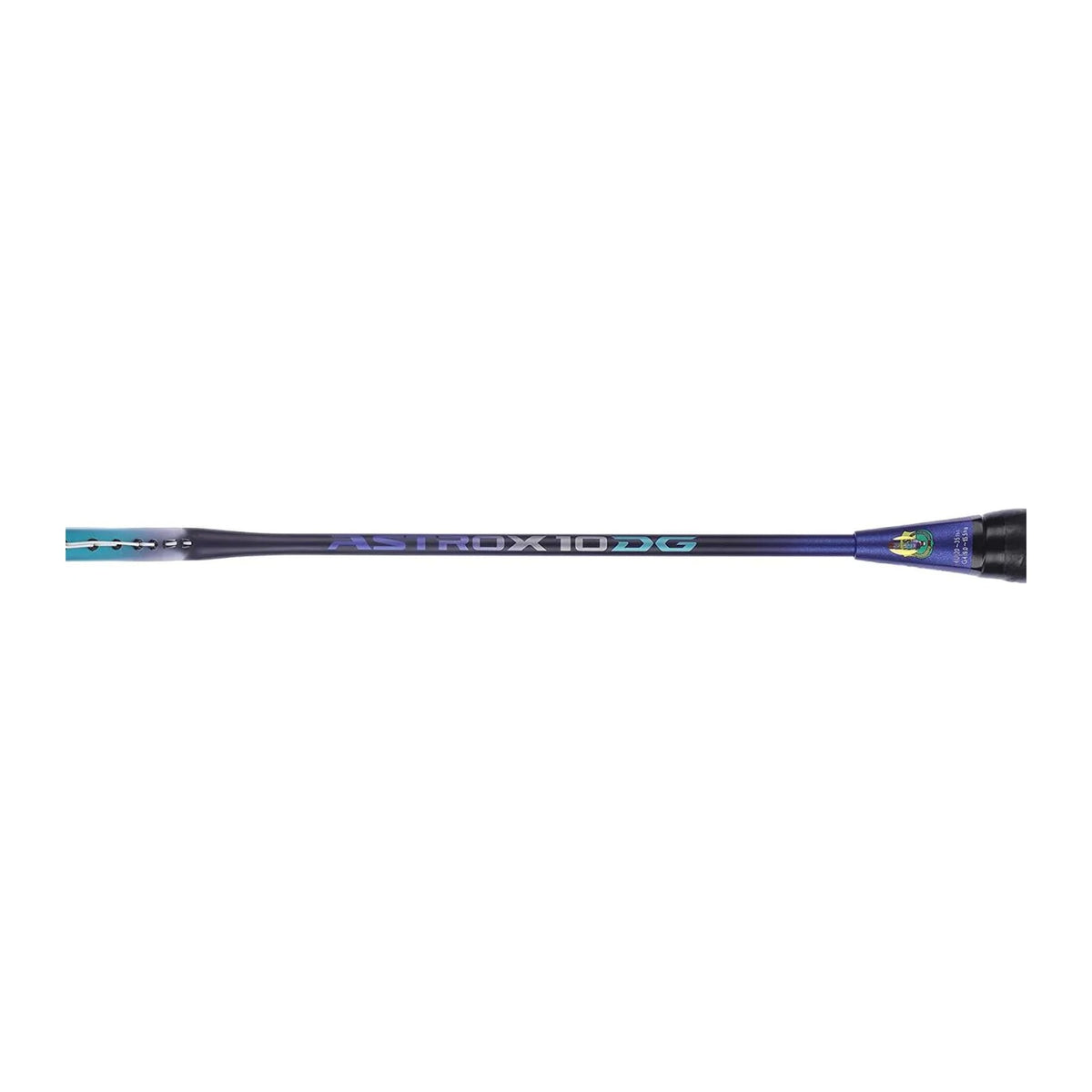 Close-up of the Yonex Astrox Attack 10 DG badminton racquet shaft showing "Astrox 10 DG" branding on a navy blue finish