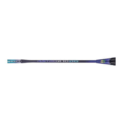 Close-up of the Yonex Astrox Attack 10 DG badminton racquet shaft showing "Astrox 10 DG" branding on a navy blue finish