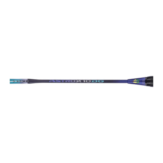 Close-up of the Yonex Astrox Attack 10 DG badminton racquet shaft showing "Astrox 10 DG" branding on a navy blue finish