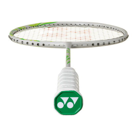 Close-up of the Yonex Astrox 100 Game VA badminton racquet grip and end-cap with green Yonex logo