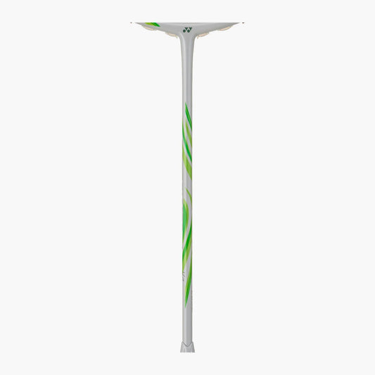 Close-up of the Yonex Astrox 100 Game VA badminton racquet shaft showing green graphics on a white finish