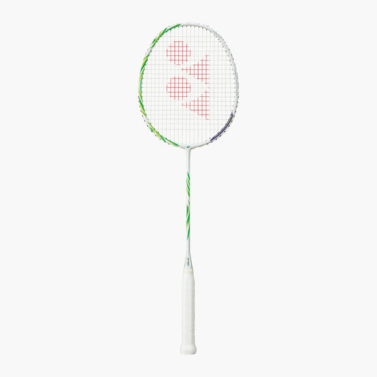 Yonex Astrox 100 Game VA badminton racquet in white and green — full front view showing isometric head, graphite frame and white grip