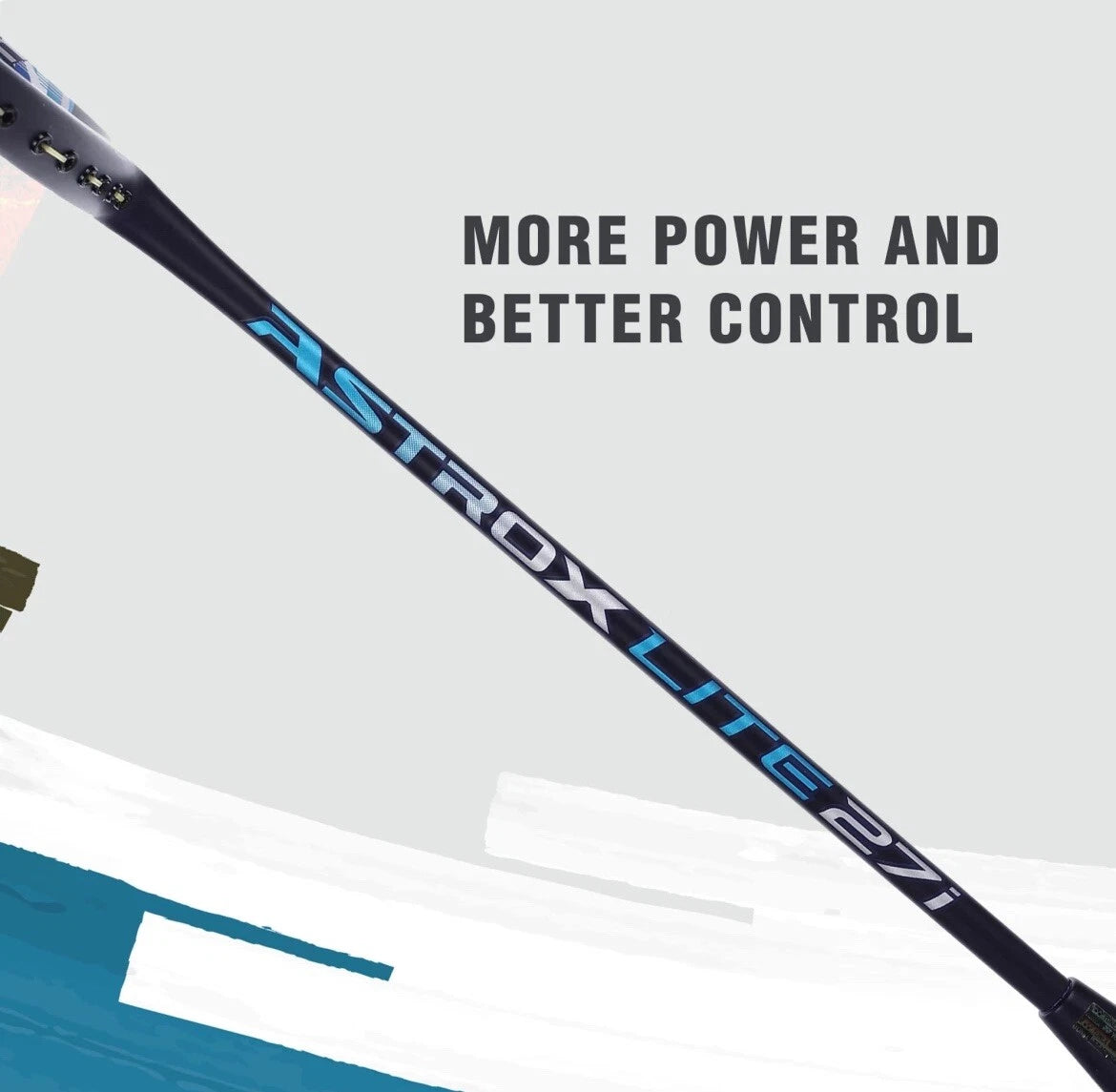 Yonex Astrox 27i badminton racquet frame detail showing Astrox series branding, lightweight construction, and power-focused design