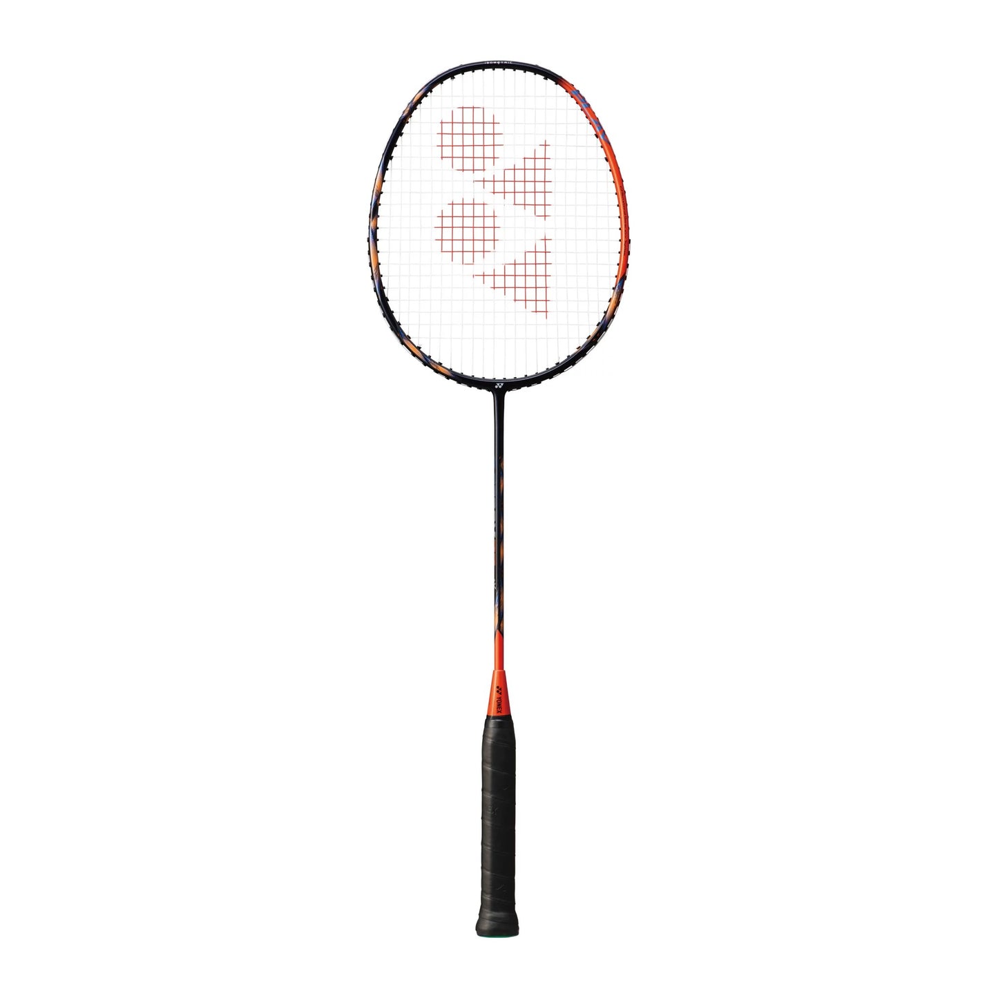 Yonex Astrox 77 Play badminton racquet in black and orange — full front view showing isometric head, graphite frame and black grip