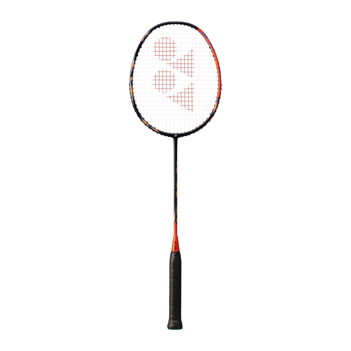 Yonex Astrox 77 Play badminton racquet in black and orange — full front view showing isometric head, graphite frame and black grip