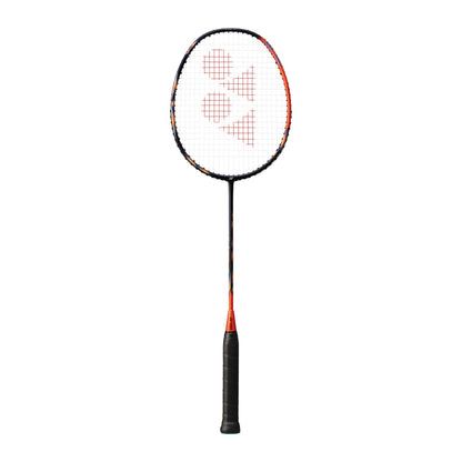 Yonex Astrox 77 Play badminton racquet in black and orange — full front view showing isometric head, graphite frame and black grip