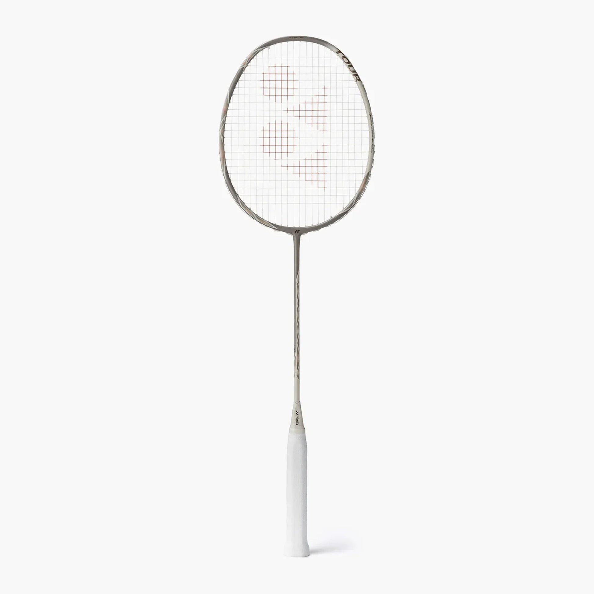 Yonex Astrox 77 Tour badminton racquet in grey and cream — full front view showing isometric head, graphite frame and white grip