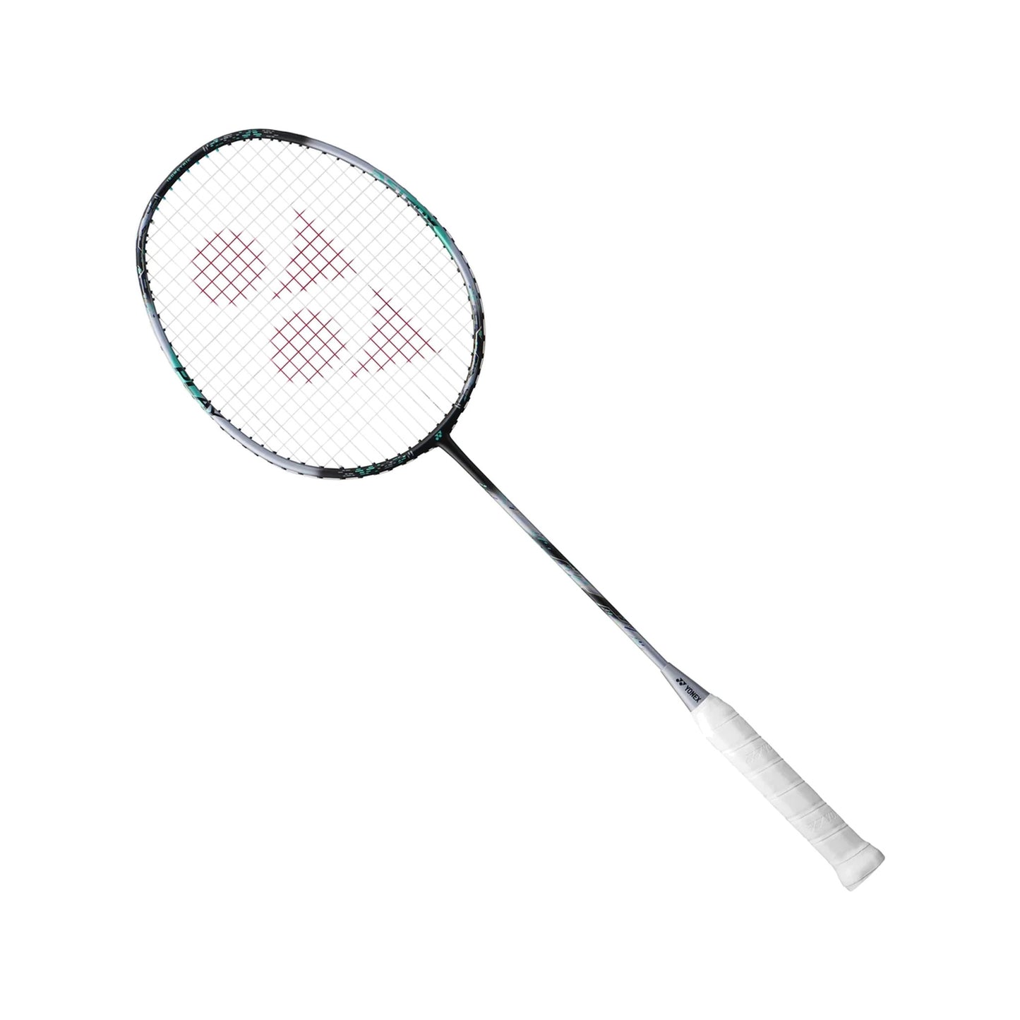 Angled view of the Yonex Astrox 88 Play badminton racquet showing black-and-silver frame with teal detailing and white grip