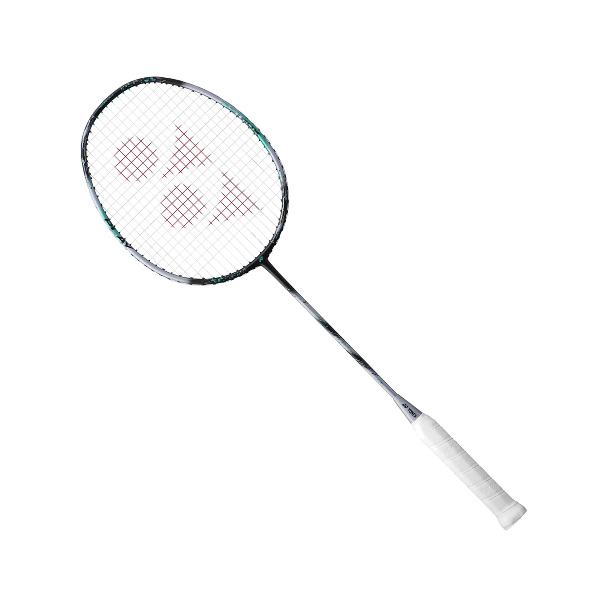 Angled view of the Yonex Astrox 88 Play badminton racquet showing black-and-silver frame with teal detailing and white grip
