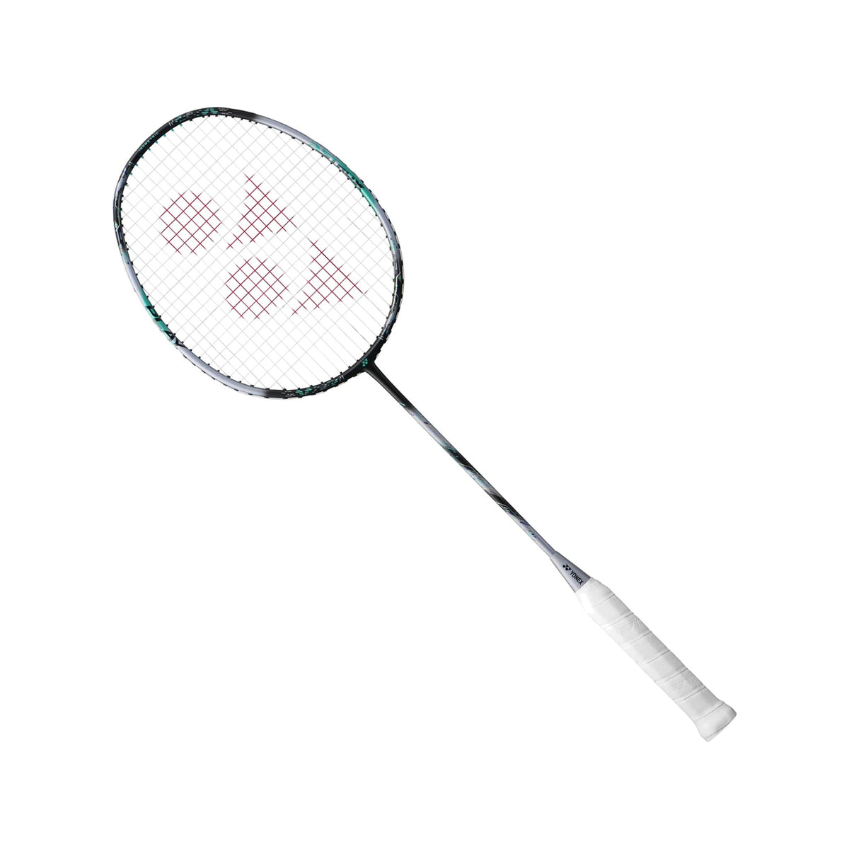 Angled view of the Yonex Astrox 88 Play badminton racquet showing black-and-silver frame with teal detailing and white grip