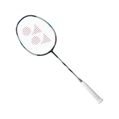 Angled view of the Yonex Astrox 88 Play badminton racquet showing black-and-silver frame with teal detailing and white grip