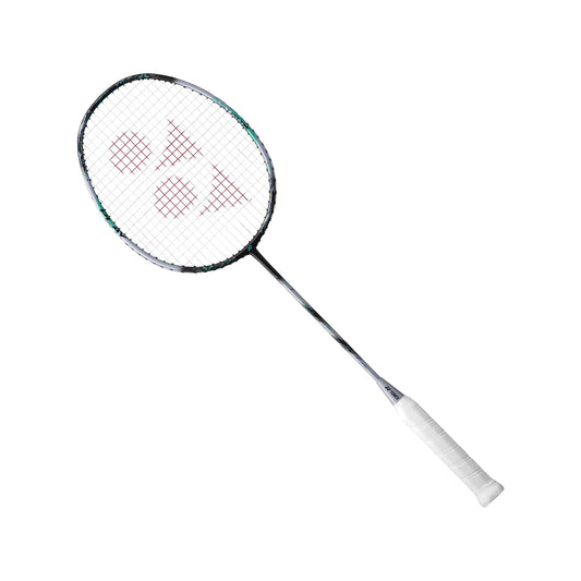 Angled view of the Yonex Astrox 88 Play badminton racquet showing black-and-silver frame with teal detailing and white grip