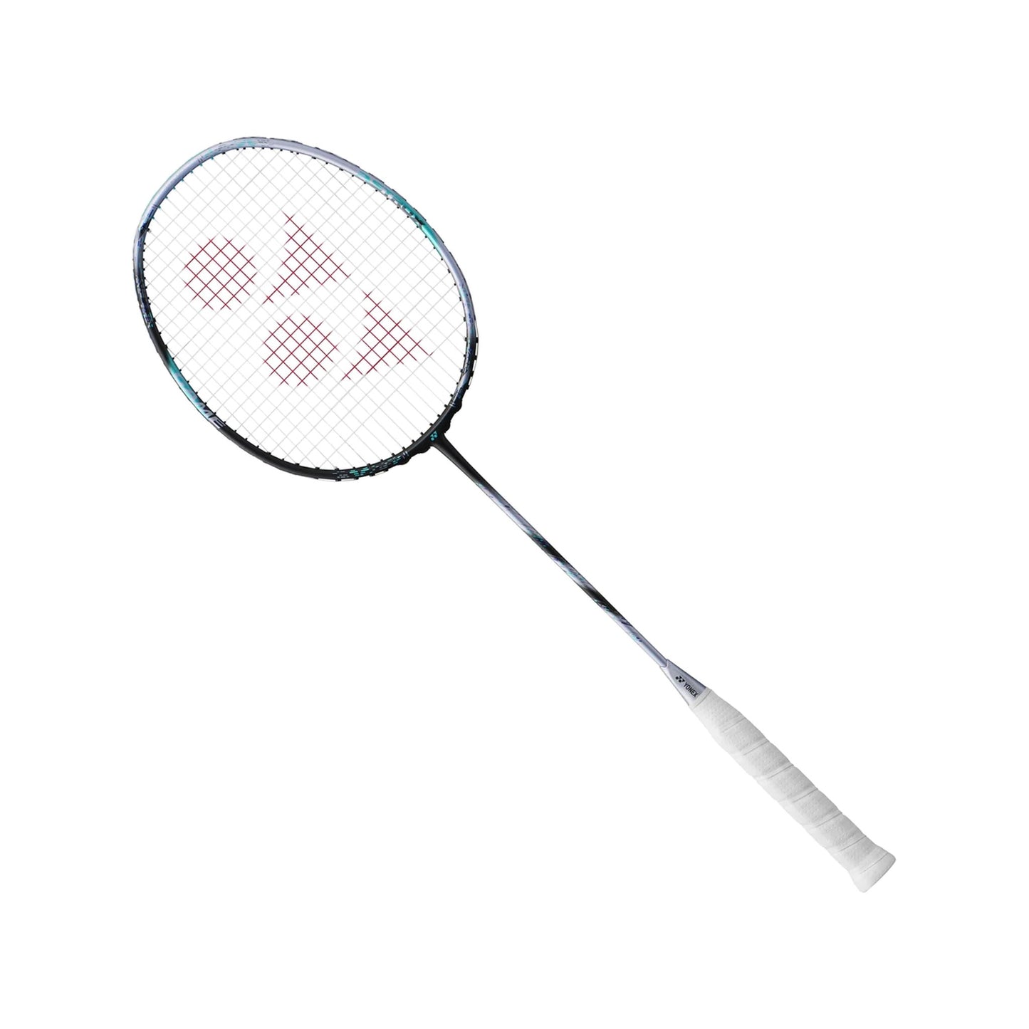 Angled view of the Yonex Astrox 88D Game badminton racquet showing silver-and-black frame with teal detailing and white grip