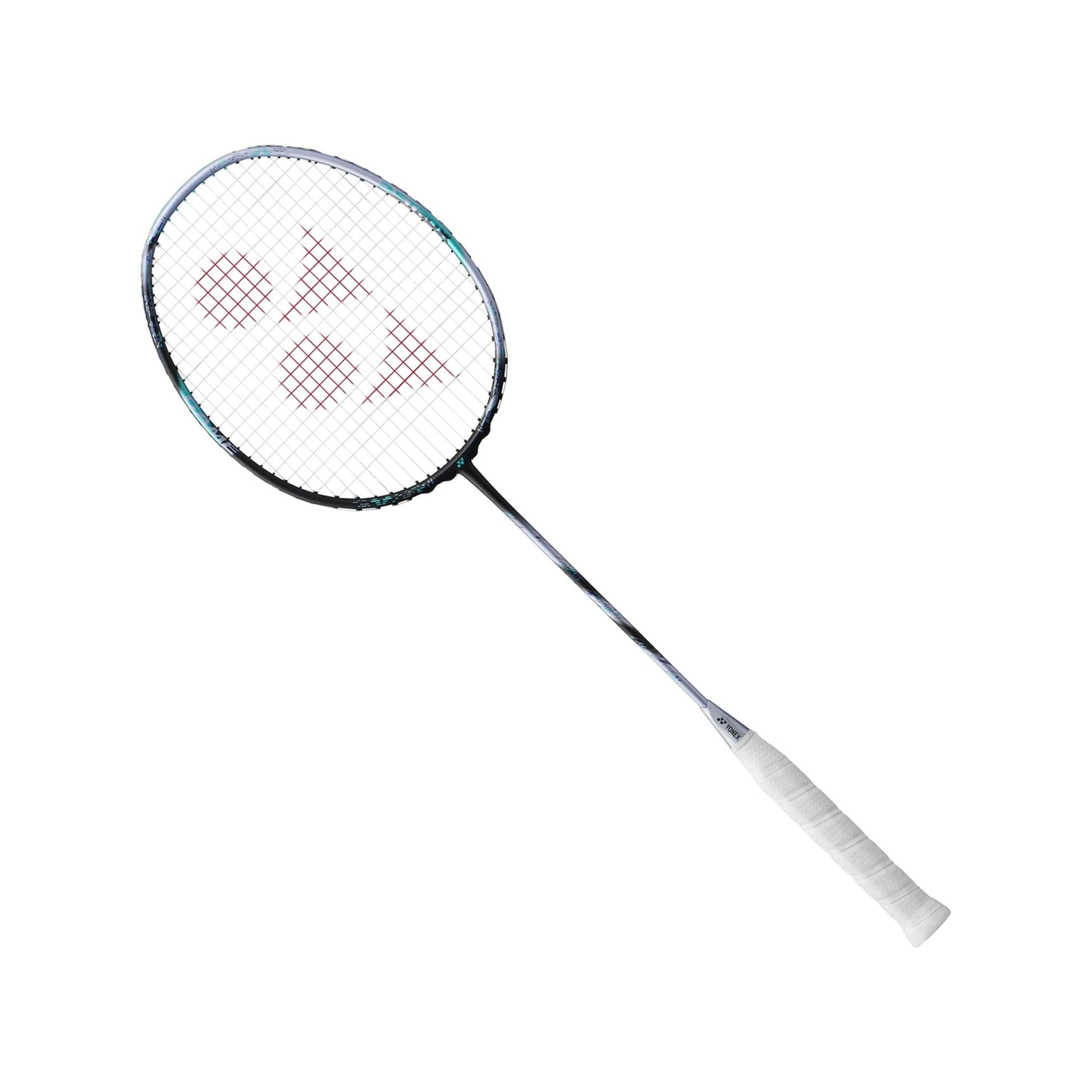 Angled view of the Yonex Astrox 88D Game badminton racquet showing silver-and-black frame with teal detailing and white grip