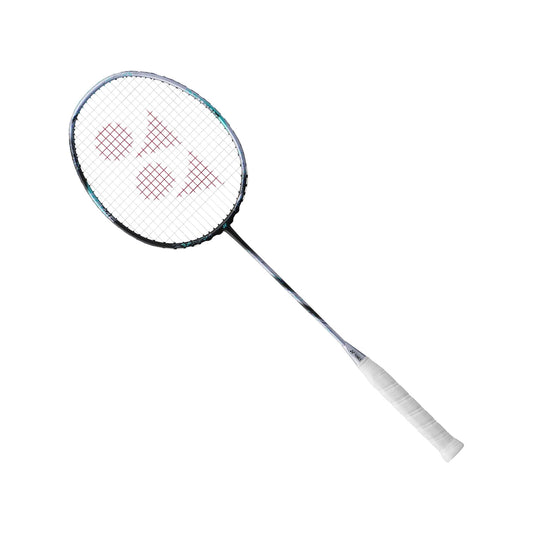 Angled view of the Yonex Astrox 88D Game badminton racquet showing silver-and-black frame with teal detailing and white grip