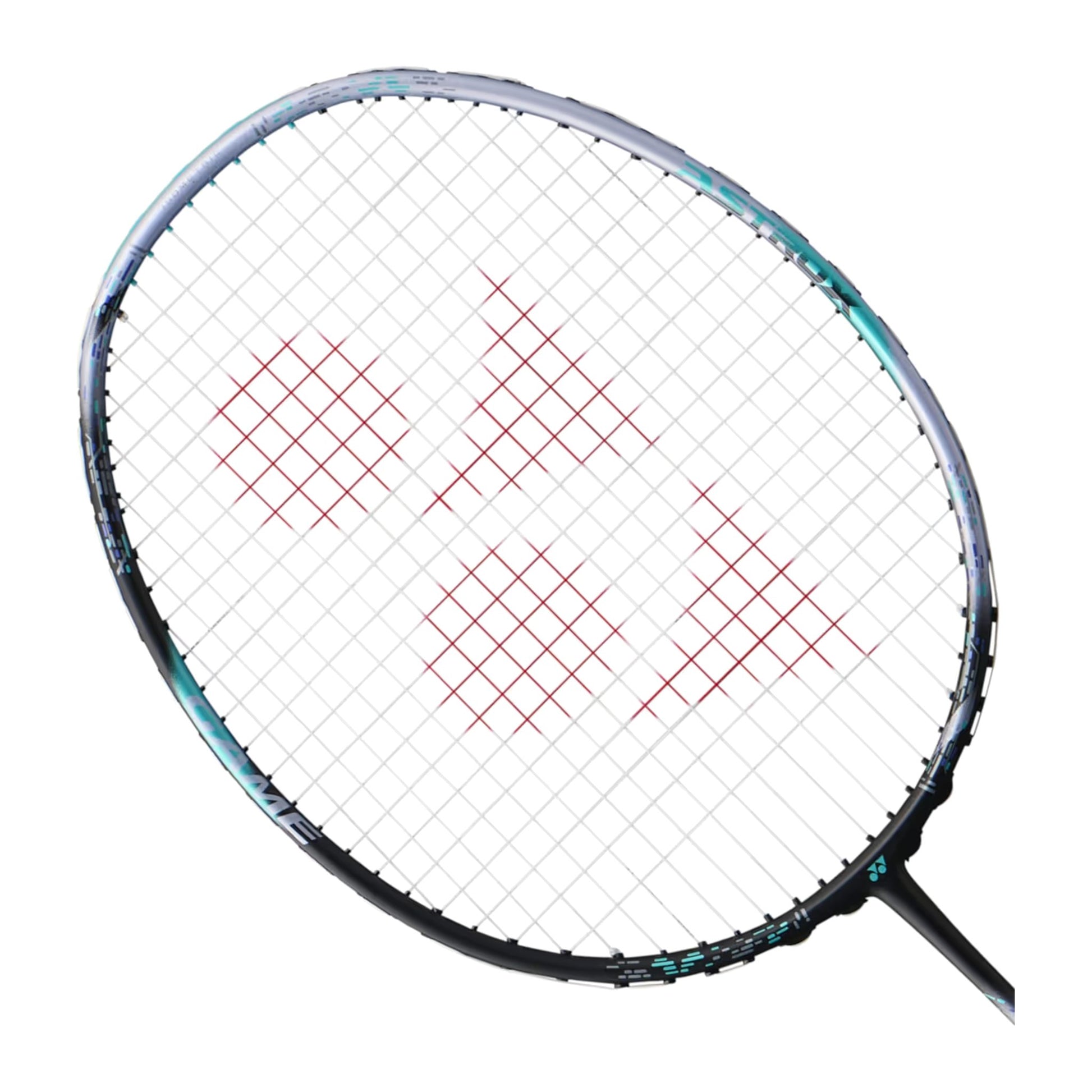 Close-up of the Yonex Astrox 88D Game badminton racquet handle showing the white grip, silver end-cap and patterned shaft