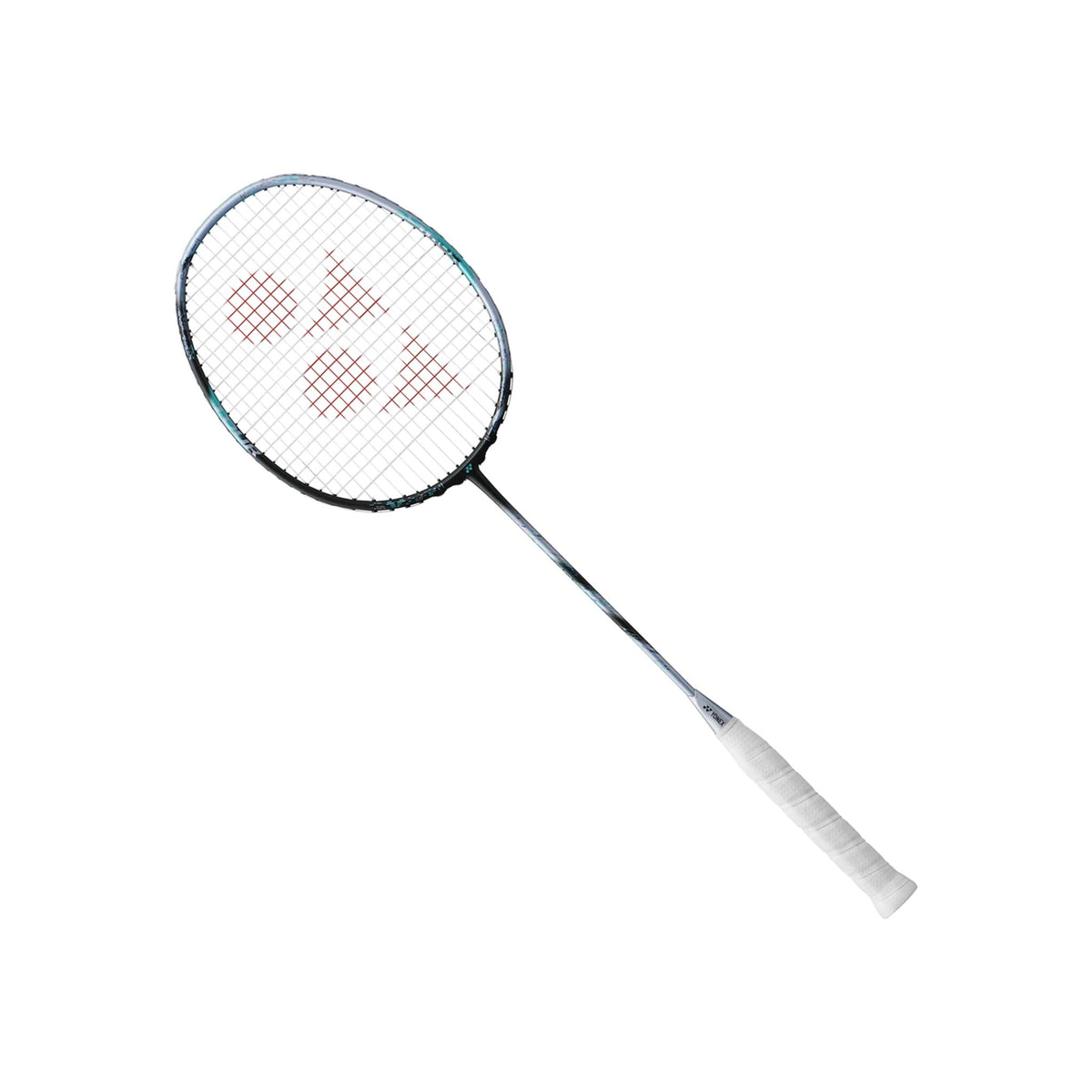 Angled view of the Yonex Astrox 88D Tour badminton racquet showing silver-and-black frame with teal detailing and white grip