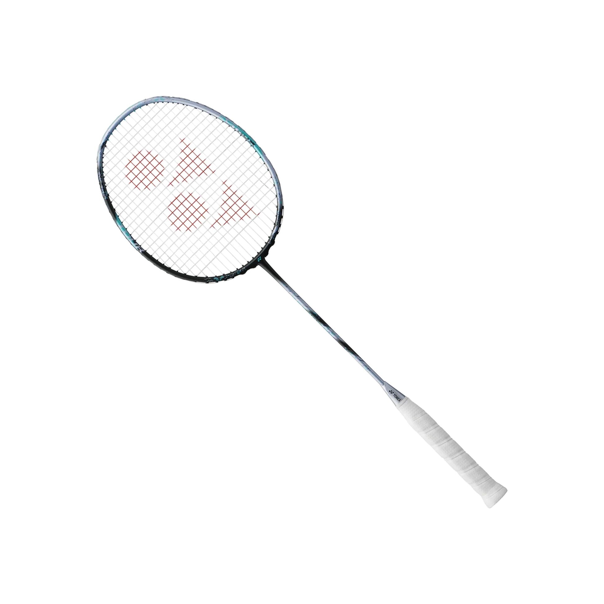 Angled view of the Yonex Astrox 88D Tour badminton racquet showing silver-and-black frame with teal detailing and white grip