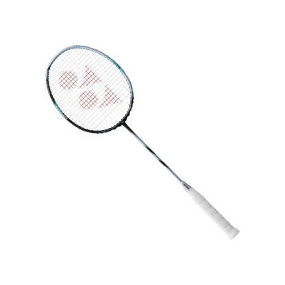 Angled view of the Yonex Astrox 88D Tour badminton racquet showing silver-and-black frame with teal detailing and white grip
