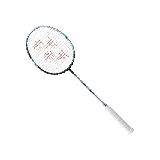 Angled view of the Yonex Astrox 88D Tour badminton racquet showing silver-and-black frame with teal detailing and white grip