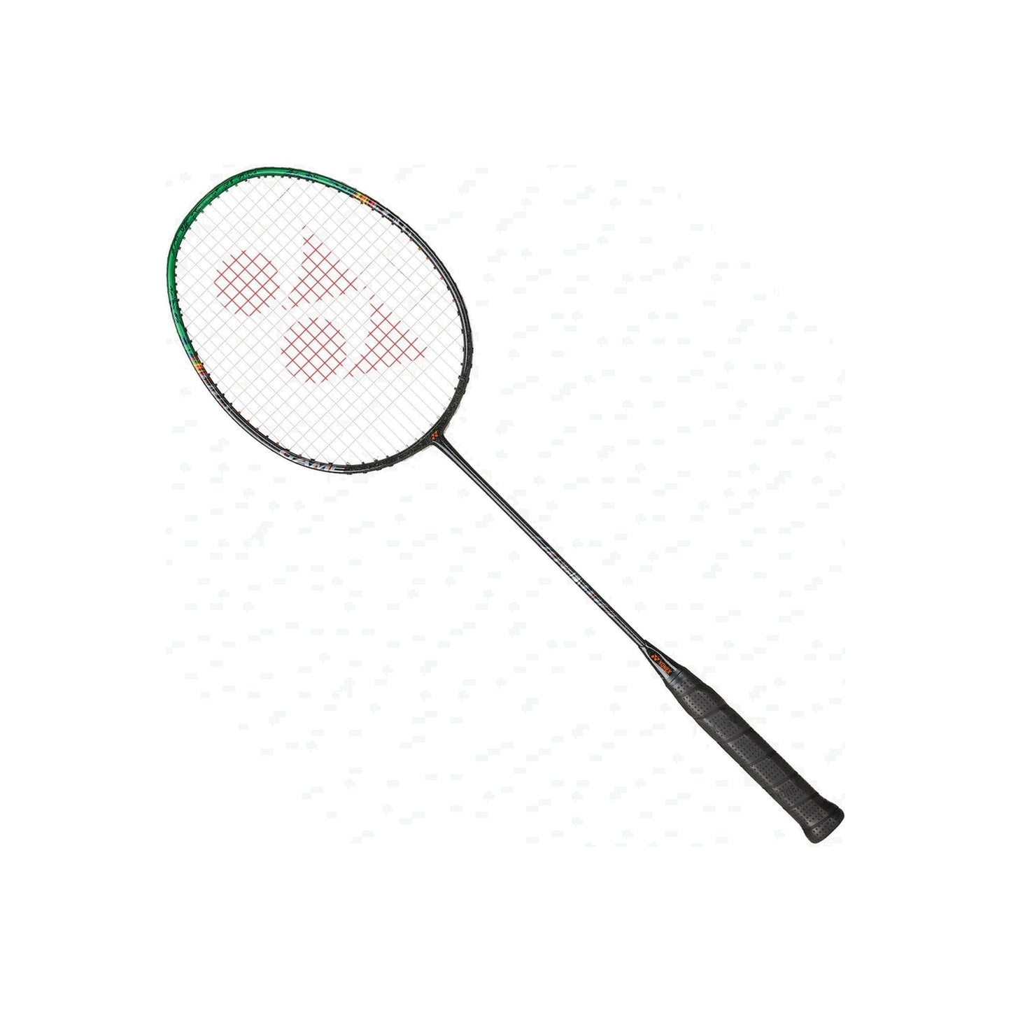 Angled view of the Yonex Astrox 99 Game badminton racquet showing black frame, green head accents and black grip