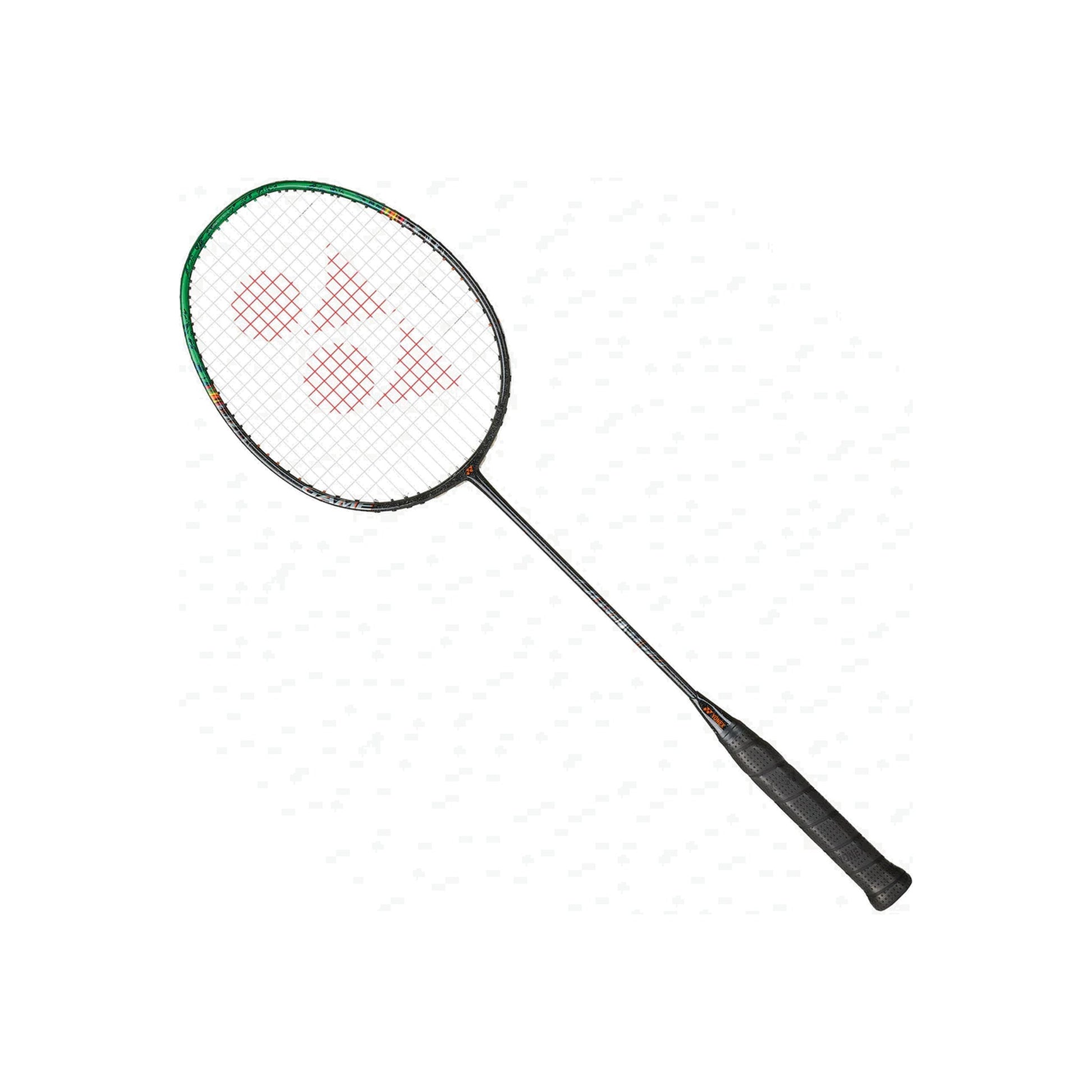 Angled view of the Yonex Astrox 99 Game badminton racquet showing black frame, green head accents and black grip