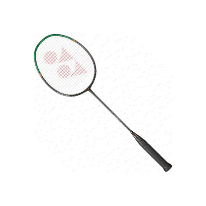 Angled view of the Yonex Astrox 99 Game badminton racquet showing black frame, green head accents and black grip