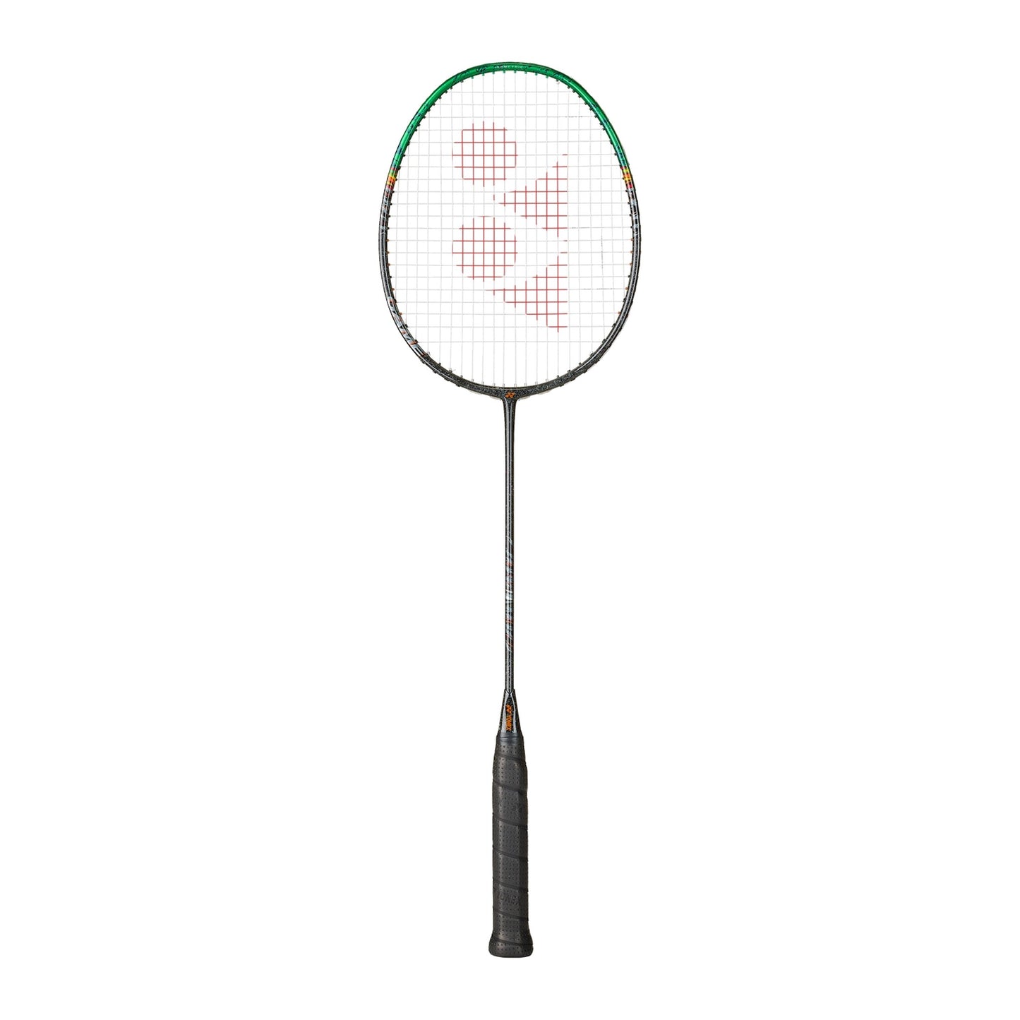 Yonex Astrox 99 Game badminton racquet in black and green — full front view showing isometric head, graphite frame and black grip