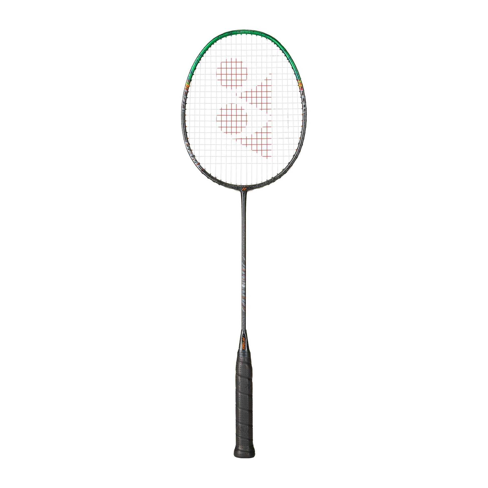 Yonex Astrox 99 Game badminton racquet in black and green — full front view showing isometric head, graphite frame and black grip